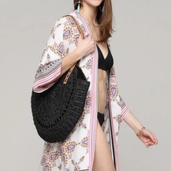 Boho Black Circular Minimalist Tote Bag Beach - Picture 2 of 3